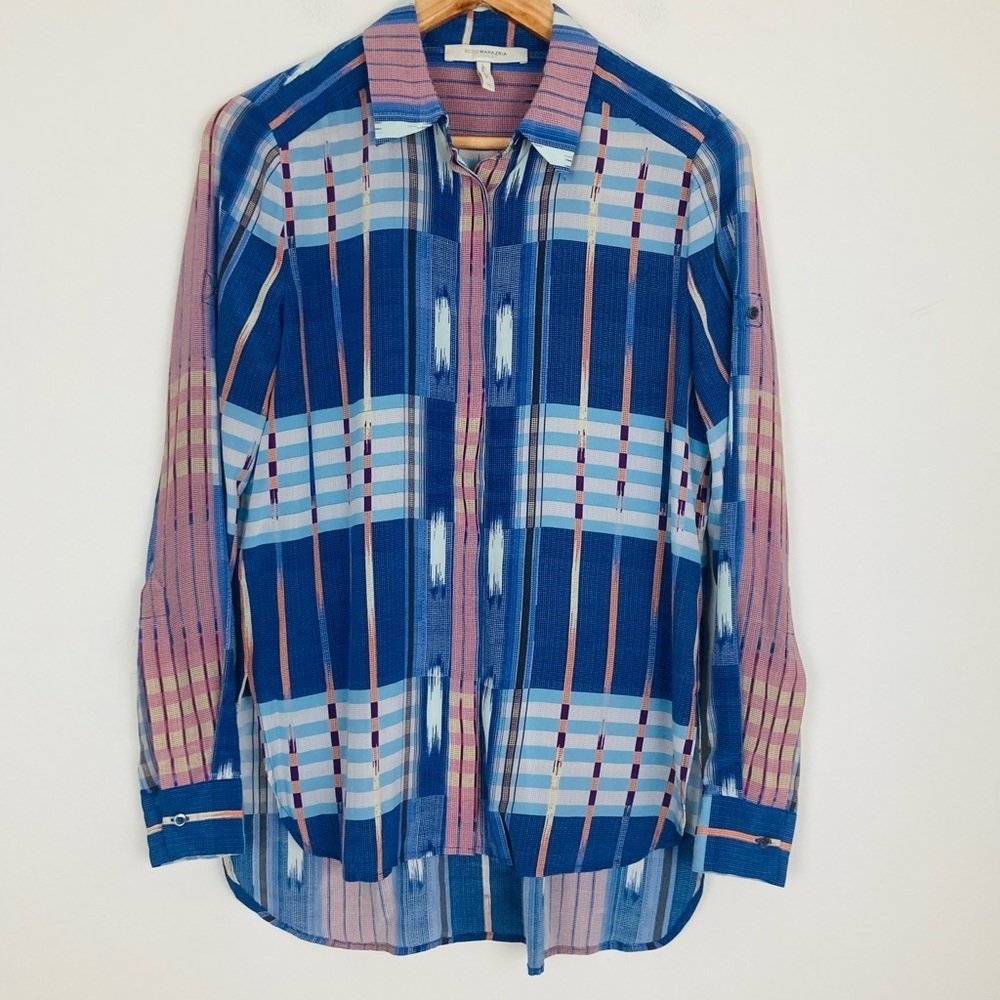 BCBG MaxAzria collection blue & white global ikat plaid oversized silk shirt. XS - Picture 2 of 6